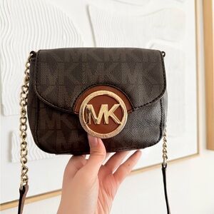 Michael Kors Dark Brown Logo Crossbody with Gold MK Emblem